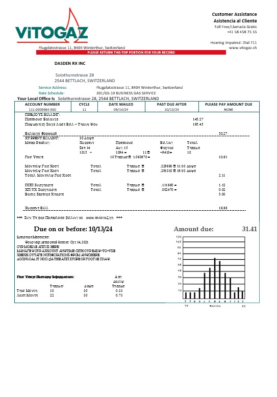Switzerland Vitogaz Switzerland AG business utility bill template, fully editable in Word and PDF formats